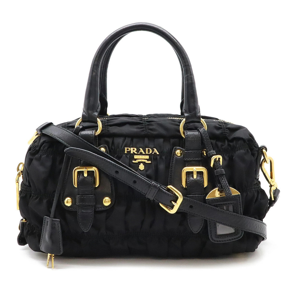 Prada Gathered Handbag Boston Bag Crossbody Leather NERO Black
